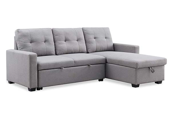 Sofá cama modular gris versátil con chaise longue y espacio de almacenamiento
