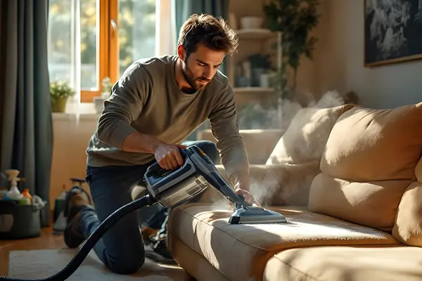 Un hombre limpia con vapor un sofá color canela para eliminar la suciedad - SUNSGOODS - SUNSGOODS Un hombre limpia con vapor un sofá color bronce para eliminar la suciedad.