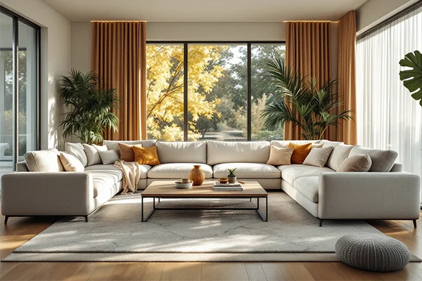Seccional contemporáneo neutro con detalles cálidos - SUNSGOODS - SUNSGOODS Seccional contemporáneo neutro con acentos cálidos.