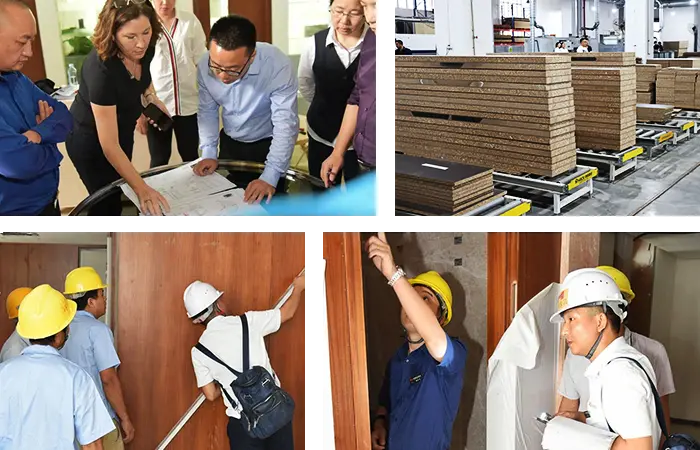 Equipo inspeccionando la calidad de los muebles y revisando los planos.