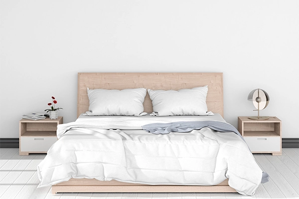 Estructura de cama minimalista con ropa de cama blanca - SUNSGOODS - SUNSGOODS Estructura de cama minimalista con ropa de cama blanca.