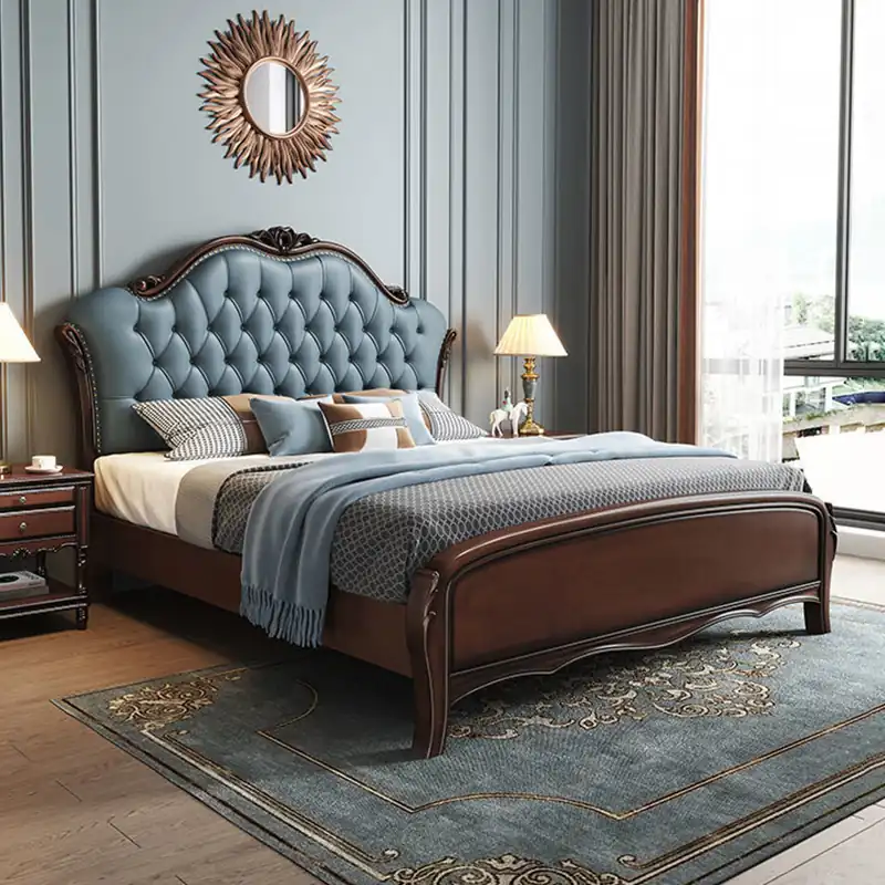 Estructura de cama azul capitoné de estilo victoriano