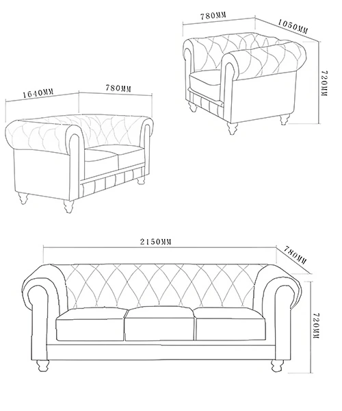 Dimensiones detalladas del sofá Chesterfield