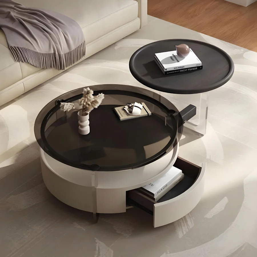 Mesa de centro redonda contemporánea con almacenamiento