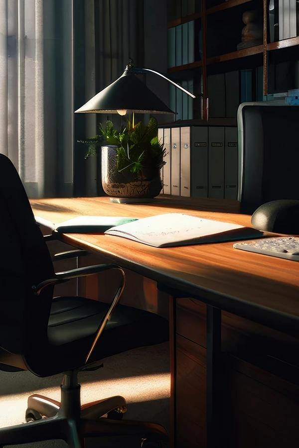 Elegante escritorio ejecutivo con iluminación moderna.