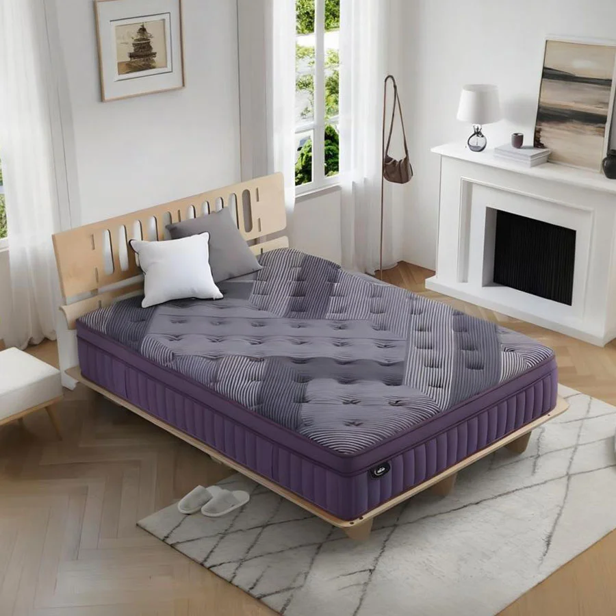 Colchón de muelles morado con base de madera