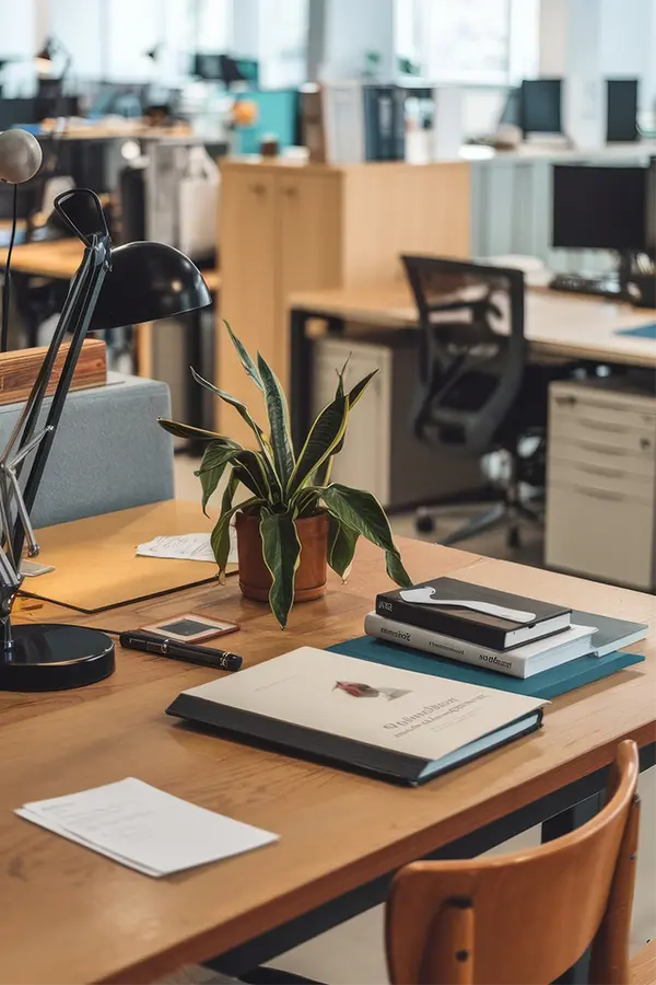 Espacio de trabajo de oficina elegante con plantas.