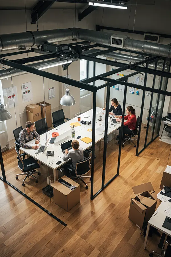 Equipo trabajando en un moderno espacio de oficinas acristalado.