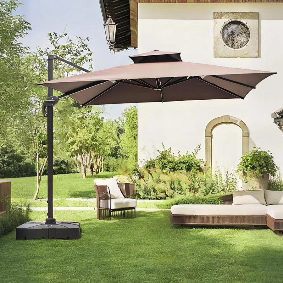 Conjunto de sombrilla voladiza marrón para jardín