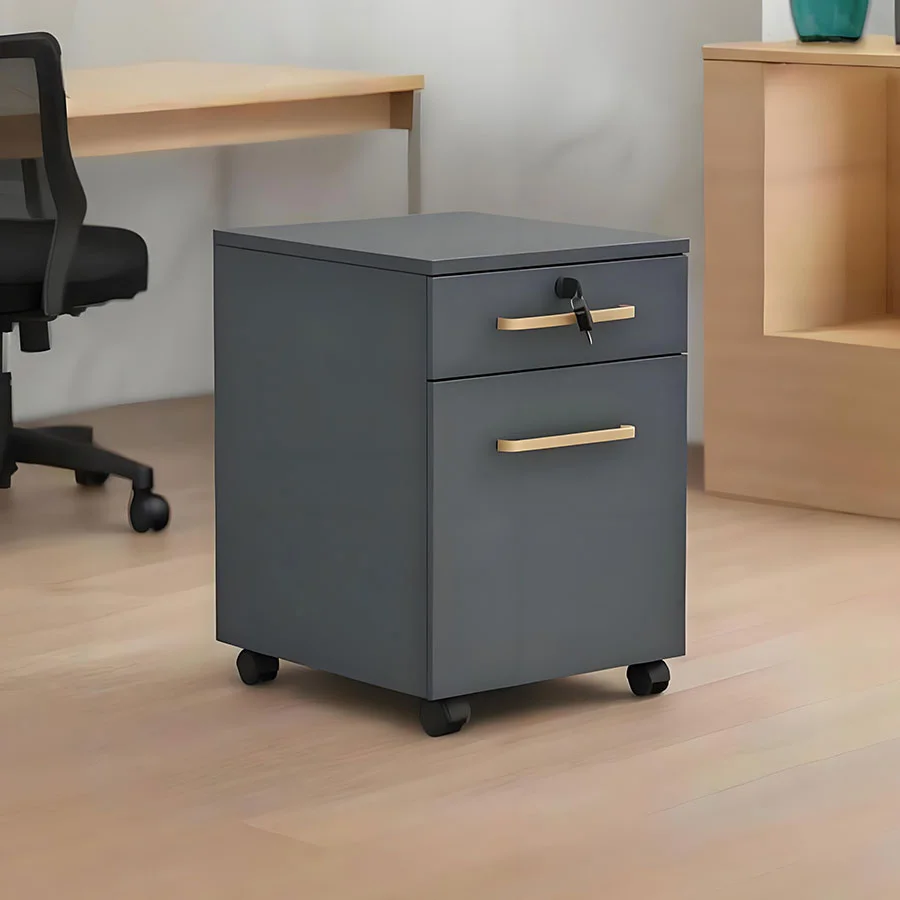 Archivador moderno gris oscuro con dos cajones.