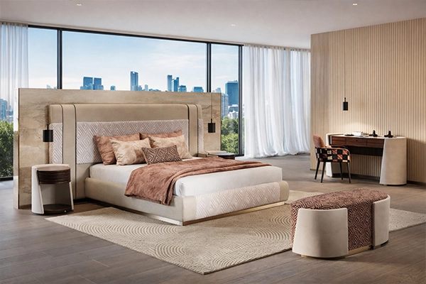 Suite de lujo con dormitorio y vistas panorámicas del horizonte.