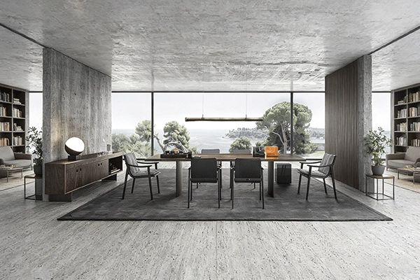 Comedor minimalista con ventana panorámica