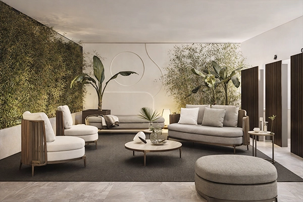 Salón interior moderno con diseño de pared verde.